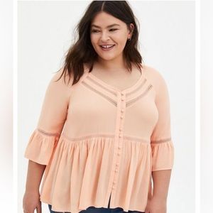 NWT Torrid Embroidered Bell Sleeve Boho Peasant Top Peach Button Size 3x Shirt